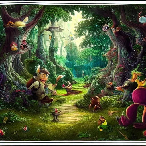 Prompt: : ben kipo style art magical forest with characters 8k detailed