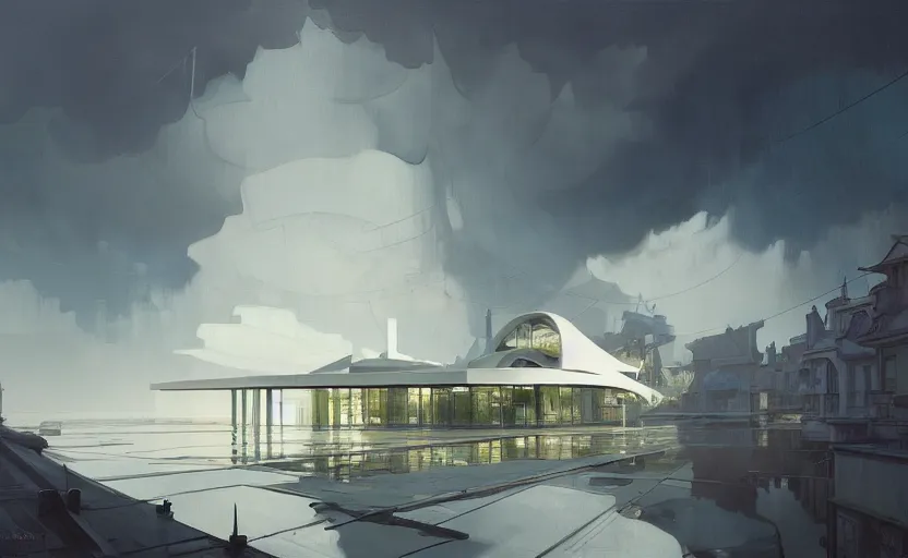 Image similar to painting of a wide angle exterior shot of a white modern architecture with cinematic lighting by richard rogers and renzo piano, darek zabrocki and greg ruthkowski, alphonse mucha, simon stalenhag and cinematic and blue cold atmospheric, archillect concept art, artstation, trending on artstation