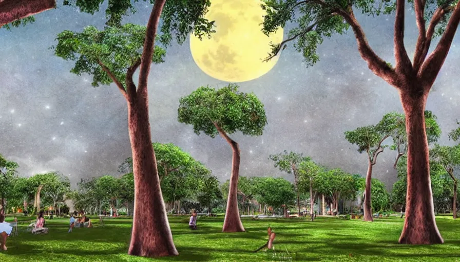 Image similar to a city park in Merida Yucatan Mexico with Ceiba trees and a full moon. fantasy illustration