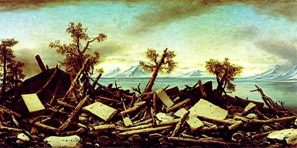 Image similar to remains of an abandoned camp of franklin ’ s lost expedition on an desolate arctic island, romanticist oil painting