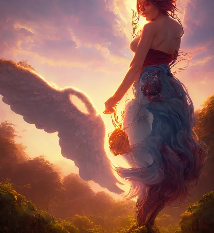 Image similar to centered waist up portrait photography an angel + bokeh + DOF + 8k, photorealistic + rendered in unreal engine + colors and composition by Peter Mohrbacher + line work by Dan Mumford , ultra realistic + backlit + strong rimlight, sunset + HDRI, HD, Photoreal