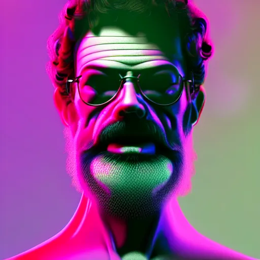 Prompt: terence McKenna full body with psychedelic mushrooms, psychedelic, fractal, Claymorphism, cinematic lighting, dramatic, octane render, full body, trending on artstation, perfect facial symmetry, bokeh, 8k, intricate, hyper detailed