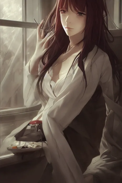 Image similar to highly detailed portrait of makise kurisu from steins gate laying, sensual, labcoat, fantasy art, by charlie bowater, by greg rutkowski, photorealistic, detailed and intricate environment, trending on artstation, trending on pixiv