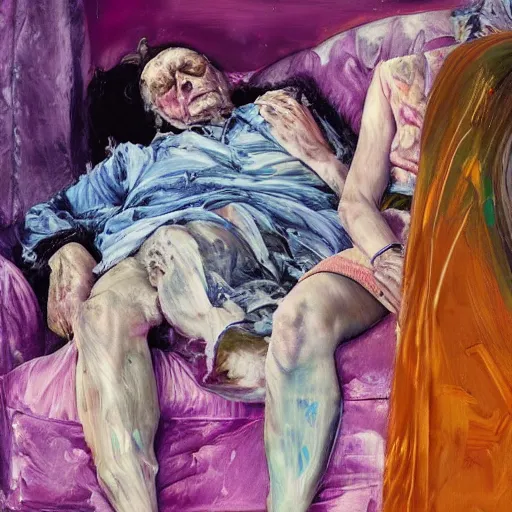 Prompt: high quality high detail painting of a old dead couple on a couch in a soviet apartment by lucian freud and jenny saville and francis bacon and malcom liepke and nicola samori, hd, anxiety, turquoise and purple and orange and pink, dark atmosphere