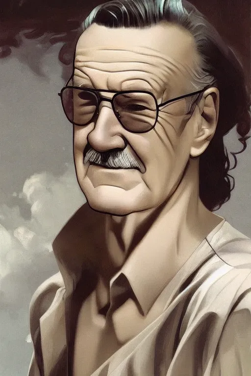 Image similar to full length a young Stan Lee on a caravaggio cloudy background, intricate, elegant, highly detailed, artstation, concept art, smooth, sharp focus, illustration, , digital art from artstation, digital art from deviantart, by Alphonse Mucha, Stjepan Sejic, Ruan Jia, and Mandy Jurgens, and Artgerm, maxfield parrish and william adolphe bouguereau