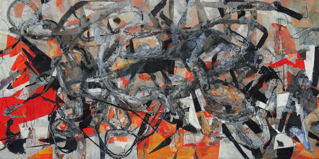 Image similar to mad dog on a chain, collage, sweeping paper and acrylic on canvas, minimalism and expressionism movement, breathtaking detailed, by natalia dumitrescu