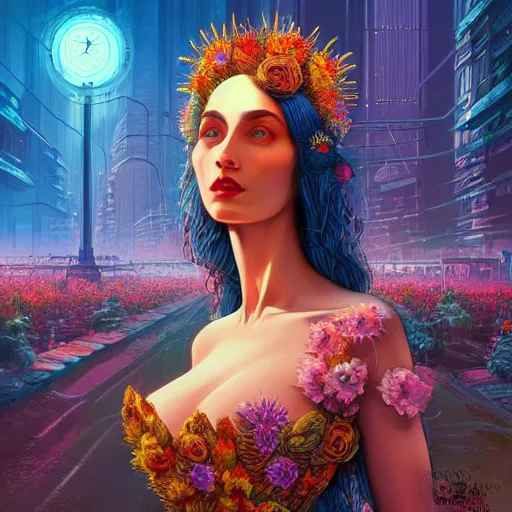 Image similar to Beautiful 3d render of the flower queen in a sensual pose, in the style of Dan Mumford and Johfra Bosschart, with a crowded futuristic cyberpunk city in the background, astrophotgraphy