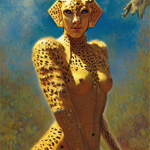 Image similar to highly detailed portrait of an humanoid robotic cheetah mecha, painting by gaston bussiere, craig mullins, j. c. leyendecker, lights, art by ernst haeckel, john william godward, hammershøi,