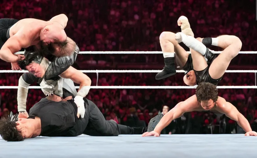 Image similar to Karl Marx performing german suplex on Friedrich Nietsche in 2014 WWE championship match, sports photo, Canon EOS 5D Mark 2, ƒ/5.6, focal length: 160.0 mm, Exposure time: 1/160, ISO: 1600