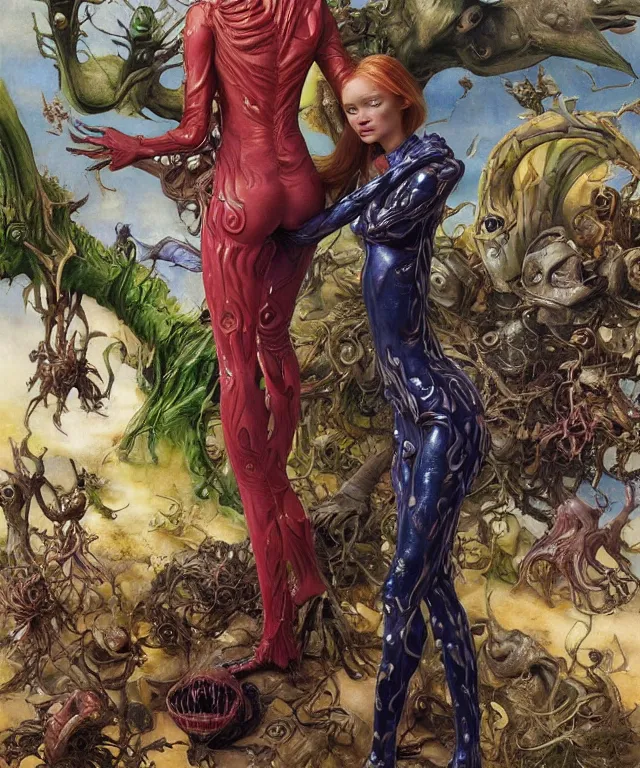 Image similar to a portrait photograph of a mutated alien super villian with slimy skin and wings. she looks like sadie sink and is trying on a colorful infected bulbous shiny organic catsuit. by donato giancola, hans holbein, walton ford, gaston bussiere, peter mohrbacher and brian froud. 8 k, cgsociety, fashion editorial