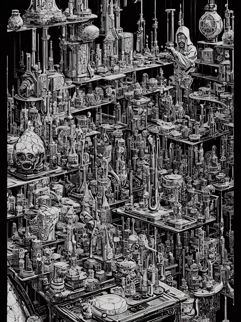 Image similar to ancient alchemist wizards laboratory, high details, lineart, by vincent di fate, inking, 3 color screen print, masterpiece, trending on artstation, sharp, high contrast, hyper - detailed, hd, 4 k, 8 k