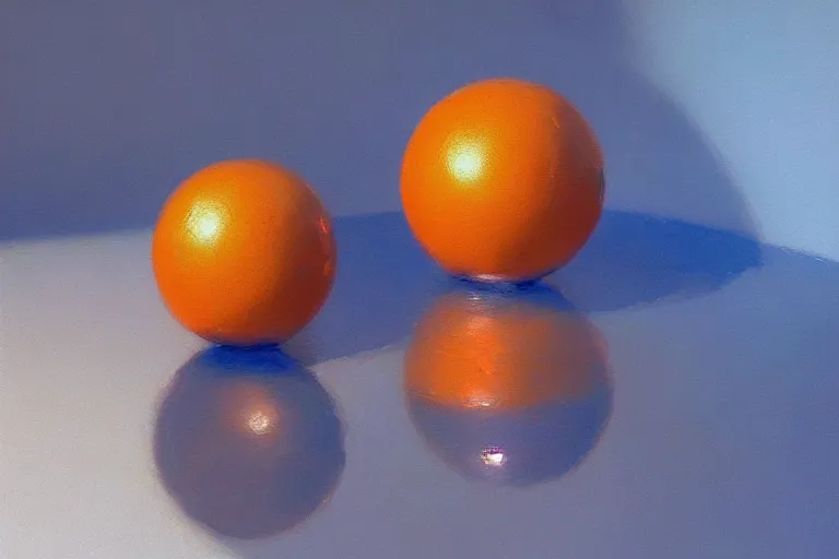 Prompt: An oil painting of an orange sphere on top of a blue cube, sitting on a white table by Craig Mullins, dramatic lighting, realistic shadows, establishing shot, extremely high detail, artstation