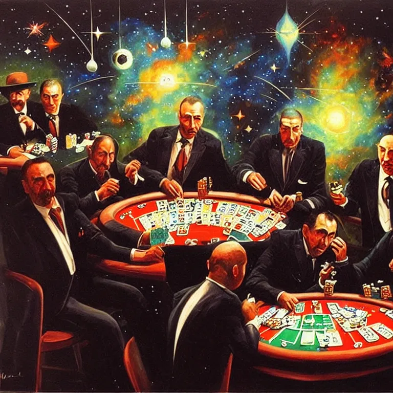 Image similar to Three mafiosi playing poker in open cosmos, star systems are visible in the background. Extremely high details, realistic, fantastic art, masterpiece, art by Alexei Leonov