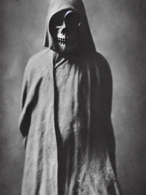 Prompt: portrait of faceless grim reaper with covered facr, ww1 photo, grainy, high detail, high resolution,