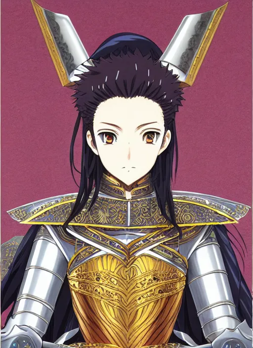 Image similar to key anime visual portrait of a woman knight in ceremonial armor 3 / 4 angle pose, face by murata range, armor designed by gutsav klimt