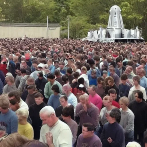 Prompt: huge crowd praying a single big Dalek