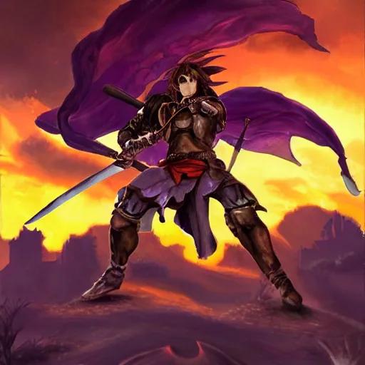 Prompt: painting of raphael from soulcalibur!!!!!, watching a purple and orange sunset!!, from the black mage cemetery!!!, in the style of justin gerard!!!!