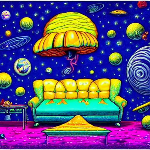 Prompt: psychedelic trippy couch in space, planets, plants, flowers, mushrooms milky way, sofa, cartoon by rob gonsalves