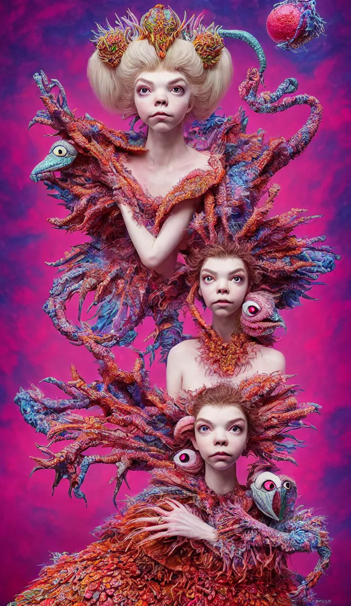 Prompt: hyper detailed 3d render like a Oil painting - kawaii portrait of quirky Aurora (a beautiful skeksis muppet fae queen from dark crystal that looks like Anya Taylor-Joy) seen red carpet photoshoot in UVIVF posing in scaly dress to Eat of the Strangling network of yellowcake aerochrome and milky Fruit and His delicate Hands hold of gossamer polyp blossoms bring iridescent fungal flowers whose spores black the foolish stars by Jacek Yerka, Ilya Kuvshinov, Mariusz Lewandowski, Houdini algorithmic generative render, Abstract brush strokes, Masterpiece, Edward Hopper and James Gilleard, Zdzislaw Beksinski, Mark Ryden, Wolfgang Lettl, hints of Yayoi Kasuma and Dr. Seuss, octane render, 8k