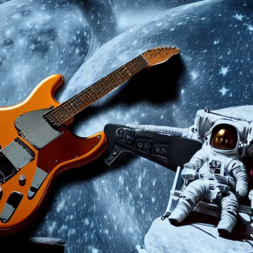 Image similar to photo of a detailed, realistic, regular sized, sitting idle fender electric guitar next to a sitting idle beer can and an astronaut sitting down on the moon surface. detailed photo. realistic photo. cinematic. cinematic shot