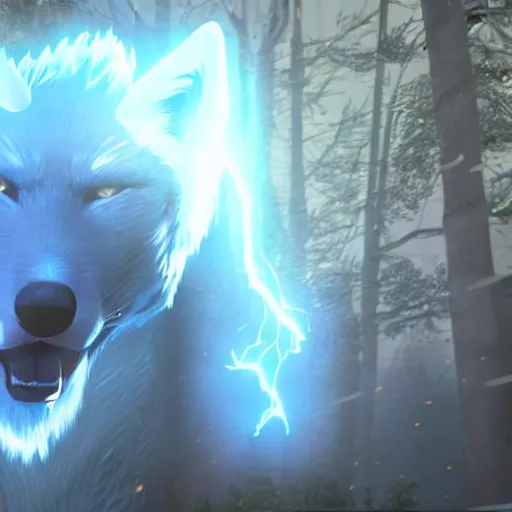 Prompt: a giant blue wolf with a white main and two unicorn horns, a white star shape on his forehead, yellow eyes, beautiful, ultra realistic, great wolf, unreal engine 5, dynamic lighting, highly detailed, lightning around