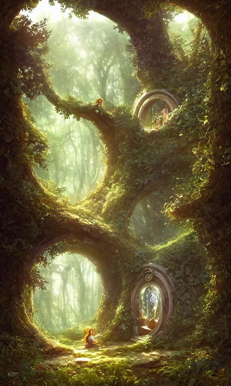 Image similar to Fantasy Magical fairy-tale portal in the forest. Round stone portal teleport in trees to other worlds. Fantastic landscape. Magic Altar in the fores, highly detailed, digital painting, artstation, concept art, smooth, sharp focus, illustration, art by artgerm and greg rutkowski and alphonse mucha