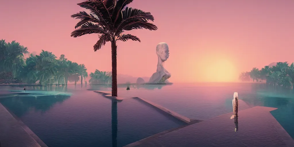 Prompt: Beeple artgem masterpiece, sunrise, hyperrealistic surrealism, award winning masterpiece with incredible details, epic stunning, infinity pool, a surreal liminal space, highly detailed, trending on ArtStation, calming, meditative, pink arches, palm trees, surreal, sharp details, dreamscape, giant head statue ruins, gold octahedron statue, crystal clear water