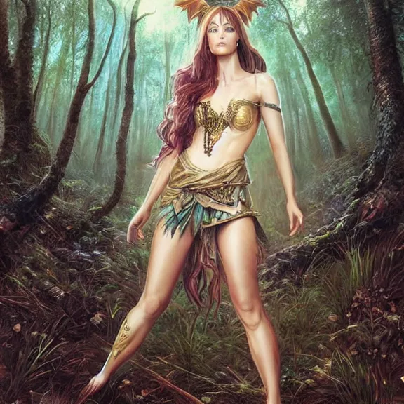 Image similar to a higly detailed full body shot portrait painting of a sorceress with piercing beautiful eyes, standing in a forest meadow, morning, dynamic lighting, ambient lighting, deviantart, art by artgerm and karol bak and mark brooks