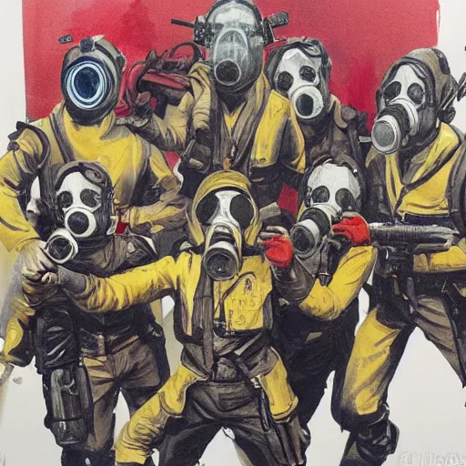 Image similar to detailed details concept art saints gang photo group, theyre using gas mask, other using saints mask, with red cross mark, theyre wear yellow and red hoodie, theyre leader regularly uses red in the style of bob peak and alex ross, gouache and wash paints color, detailed details facial and body and human and environments and proportionate, detailed 5 k details.