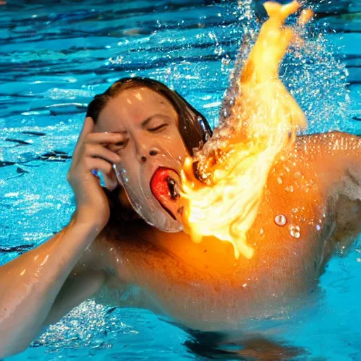 Prompt: garlic spewing fire from the mouth while in the pool
