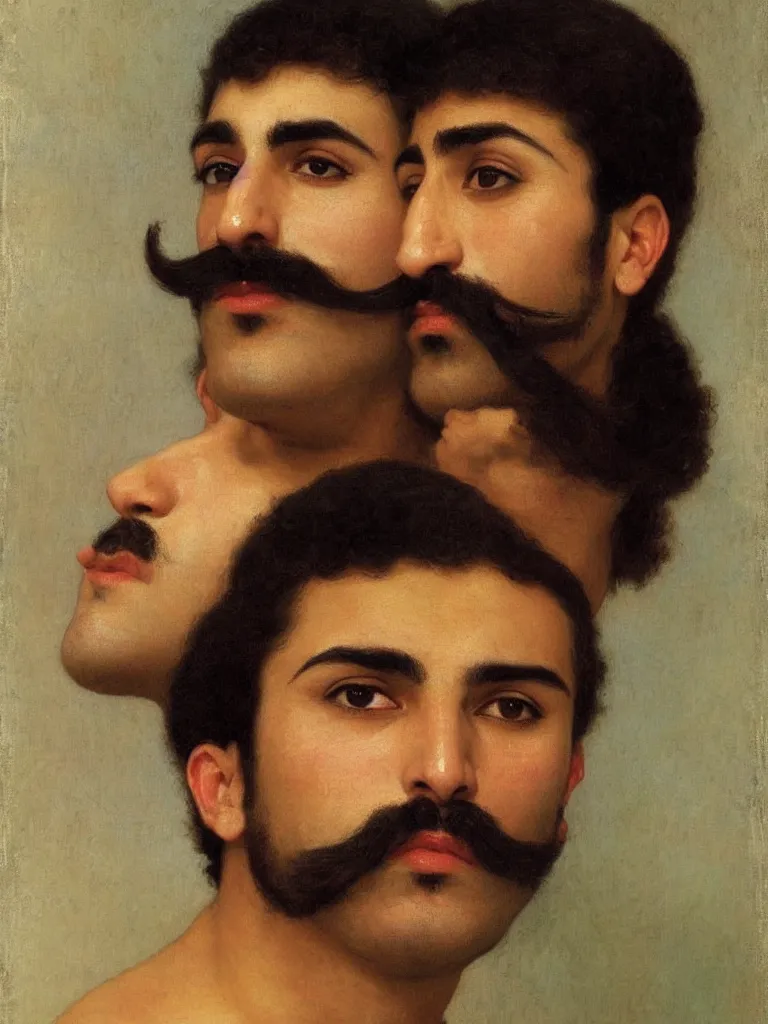 Prompt: close up portrait of 20 years old muscular persian iranian wrestlers handsome men with a mustache kiss, by Bouguereau and victor Nizovtsev