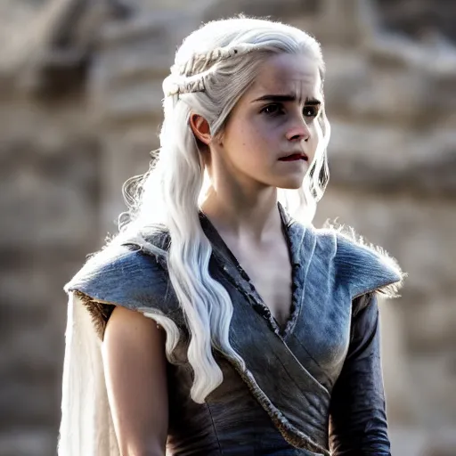 Image similar to Emma Watson as Daenerys Targaryen, XF IQ4, f/1.4, ISO 200, 1/160s, 8K, Sense of Depth, color and contrast corrected, Nvidia AI, Dolby Vision, in-frame