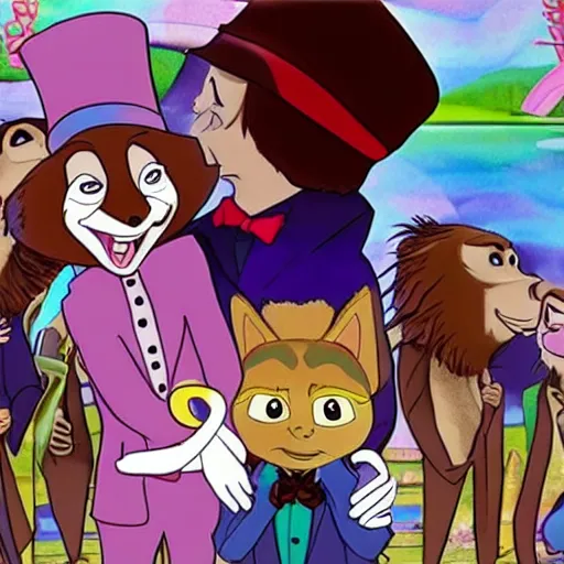 Image similar to willy wonka and the chocolate factory, animated in the style of zootopia