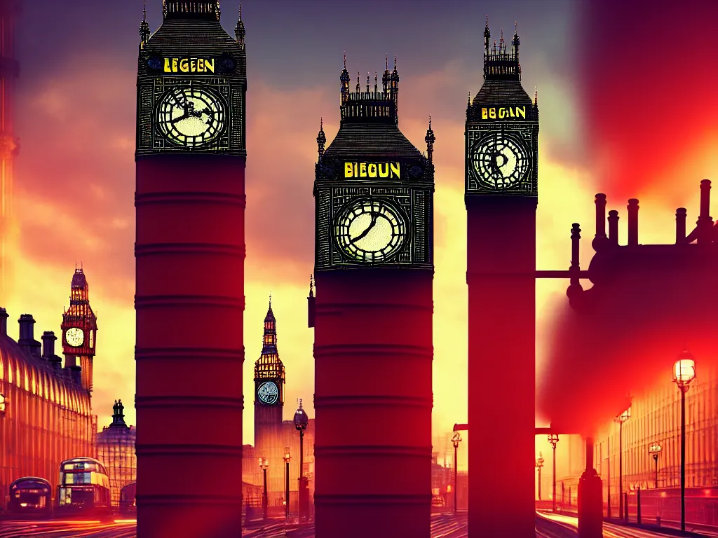 Image similar to a giant ancient beautiful cyborg of the elder gods with pipes and tubes in the city of London, London streets with bigben in the background, colourful, dramatic lighting, golden hour, very detailed octane render very realistic beautiful