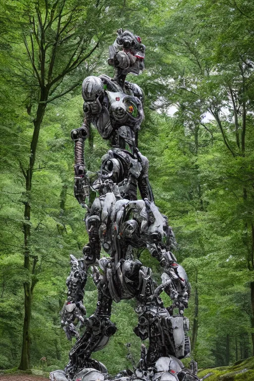 Image similar to A large robot statue made of stone covered in foliage in the middle of a forest by Greg Rutkowski, Sung Choi, Mitchell Mohrhauser, Maciej Kuciara, Johnson Ting, Maxim Verehin, Peter Konig, final fantasy , 8k photorealistic, cinematic lighting, HD, high details, atmospheric,