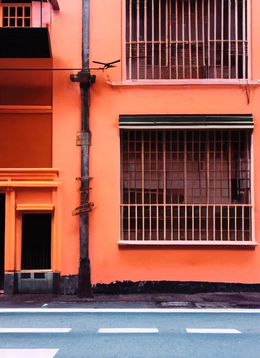 Image similar to minimalist street photography by wes anderson and by ansel adams, singapore shophouses, portra 4 0 0, intense shadows, warm hue, golden hour