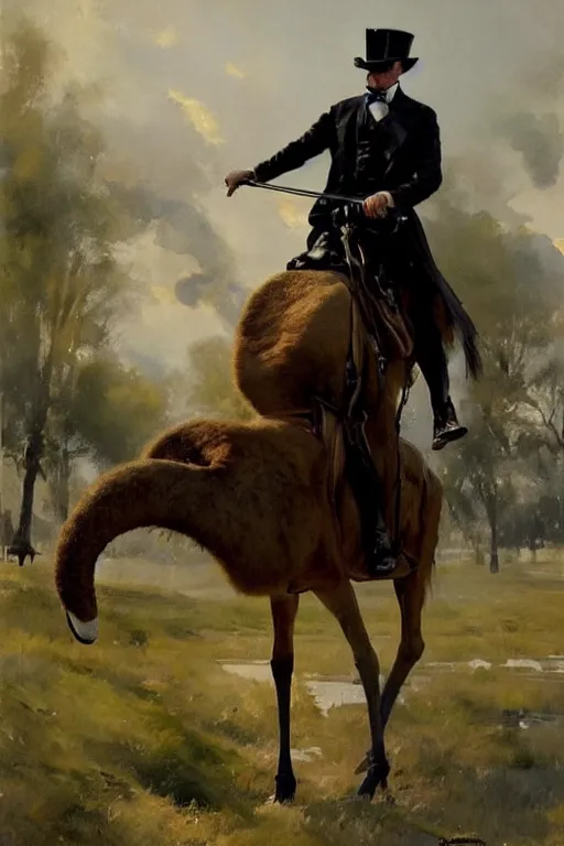 Image similar to portrait of a respectable dignified royal business elite politician wearing a top hat and coat tails riding on an ostrich, art by anders zorn, wonderful masterpiece by greg rutkowski, beautiful cinematic light, american romanticism by greg manchess, jessica rossier