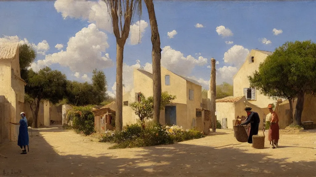 Image similar to a beautiful extremely complex painting of a street in a mediterranean village in summer by peter ilsted, whitewashed housed, tall cypress trees, blue shutters on windows, elderly woman sweeping the ground with a broom, national gallery of art highlights