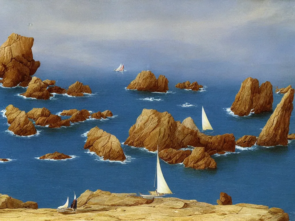 Image similar to A modern white sailing boat on the sea in the Esterel. Painting by Caspar David Friedrich, Roger Dean, Walton Ford