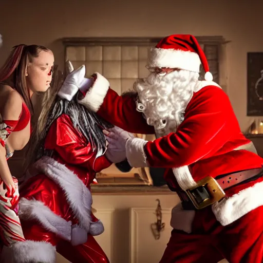 Prompt: santa claus fighting with billie eilish in a mosh pit 8 k