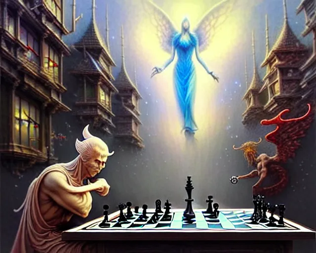 Image similar to street view of an angel and a demon playing chess with humans!!!!, fantasy landscape made of fractals facing each other, ultra realistic, wide angle, intricate details, the fifth element artifacts, highly detailed by peter mohrbacher, hajime sorayama, wayne barlowe, boris vallejo, aaron horkey, gaston bussiere, craig mullins