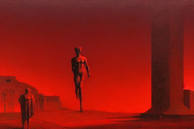 Image similar to only with red, caesar after win war, the deal, a red tiger, in hoc signo vinces, rome in background, an ancient path, in the style of beksinski, part by hopper, part by rodcenko, part by hofbauer, intricate composition, red by caravaggio, insanely quality, highly detailed, masterpiece, red light, artstation