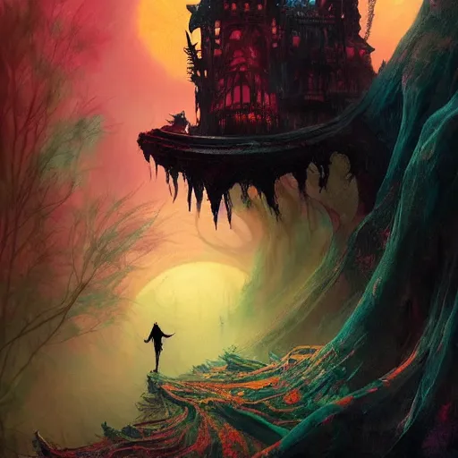 Image similar to Dracula traveling through a beautiful psychedelic world, horror, illustrated by Greg Rutkowski and dr seuss, masterpiece, vivid colors, trending on artstation