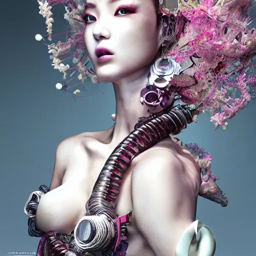 Prompt: the portrait of an absurdly beautiful, graceful, elegant, sophisticated, fashionable cyberpunk gravure idol, an ultrafine hyperdetailed illustration by kim jung gi, irakli nadar, intricate linework, bright colors, porcelain skin, unreal engine 5 highly rendered, fashion photography, dazed korea, global illumination, radiant light, detailed and intricate environment