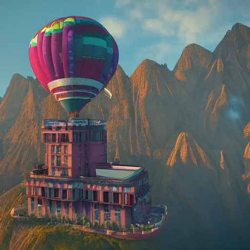 Image similar to hot air balloon hotel by H.P. Lovecraft, abaddon and magali villeneuve, ghibli moebius, 8k, epic scene, scifi, unreal engine, trending on cg station. masterpiece.