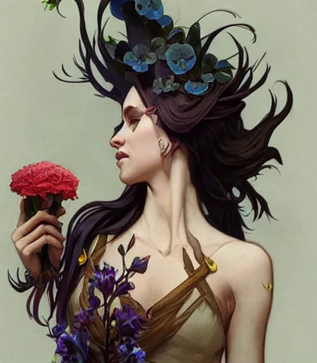 Prompt: Attractive Tiefling Druid,full body, holding flowers, dungeons and dragons portrait, highly detailed, digital painting, artstation, concept art, sharp focus, illustration, art by artgerm and greg rutkowski and alphonse mucha