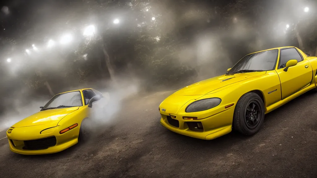 Image similar to a yellow mazda rx 7 with body kit, cinematic, nikon d 7 5 0, long exposure, white balance, 8 k, led, lumen global illumination, fog, ray tracing reflections, fxaa, rtx, post - production