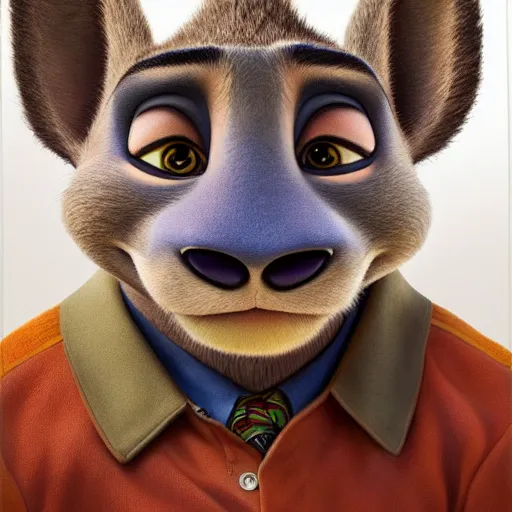 Prompt: Intricate five star Zootopia portrait by Anna Kullberg, Colored pencil on paper, high detail, skin texture, photo realistic, hyperrealism,matte finish, high contrast, 3d depth, masterpiece, vivid colors, artstationhd