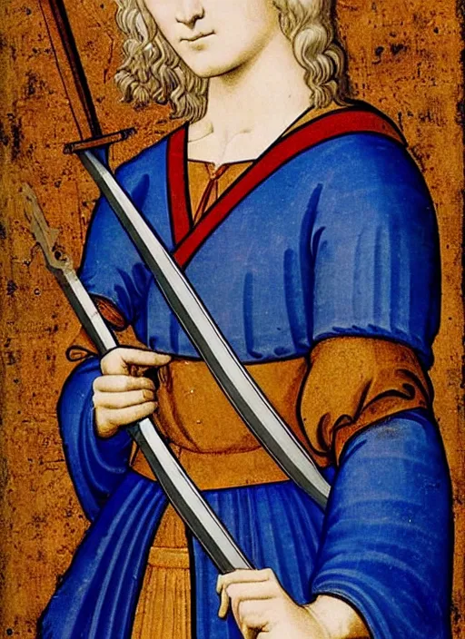 Image similar to young woman in medieval clothing, blue eyes and blond hair, a ribbon in her hair, armed with a sword. art by giotto,