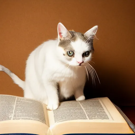 Image similar to award winning photograph of super adorable cat standing in front an open Bible, studio lighting, studio photography